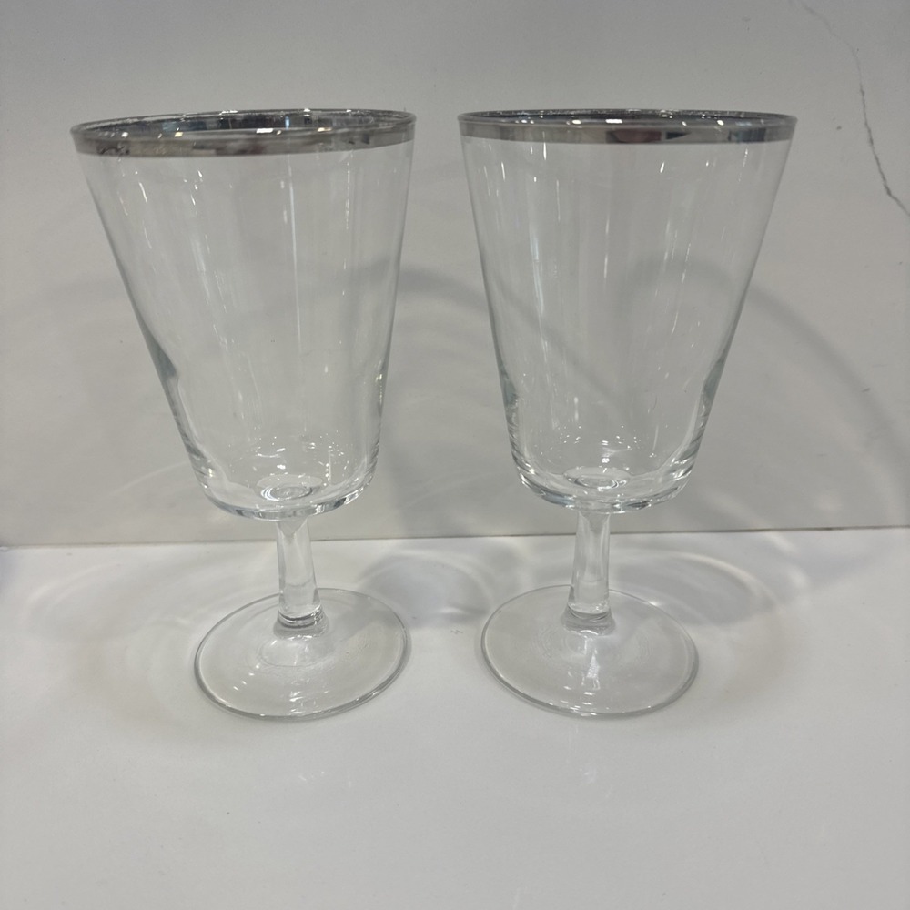 France Glass Water Goblet Set Of 2 Glasses W Silver Ring MCM Vintage